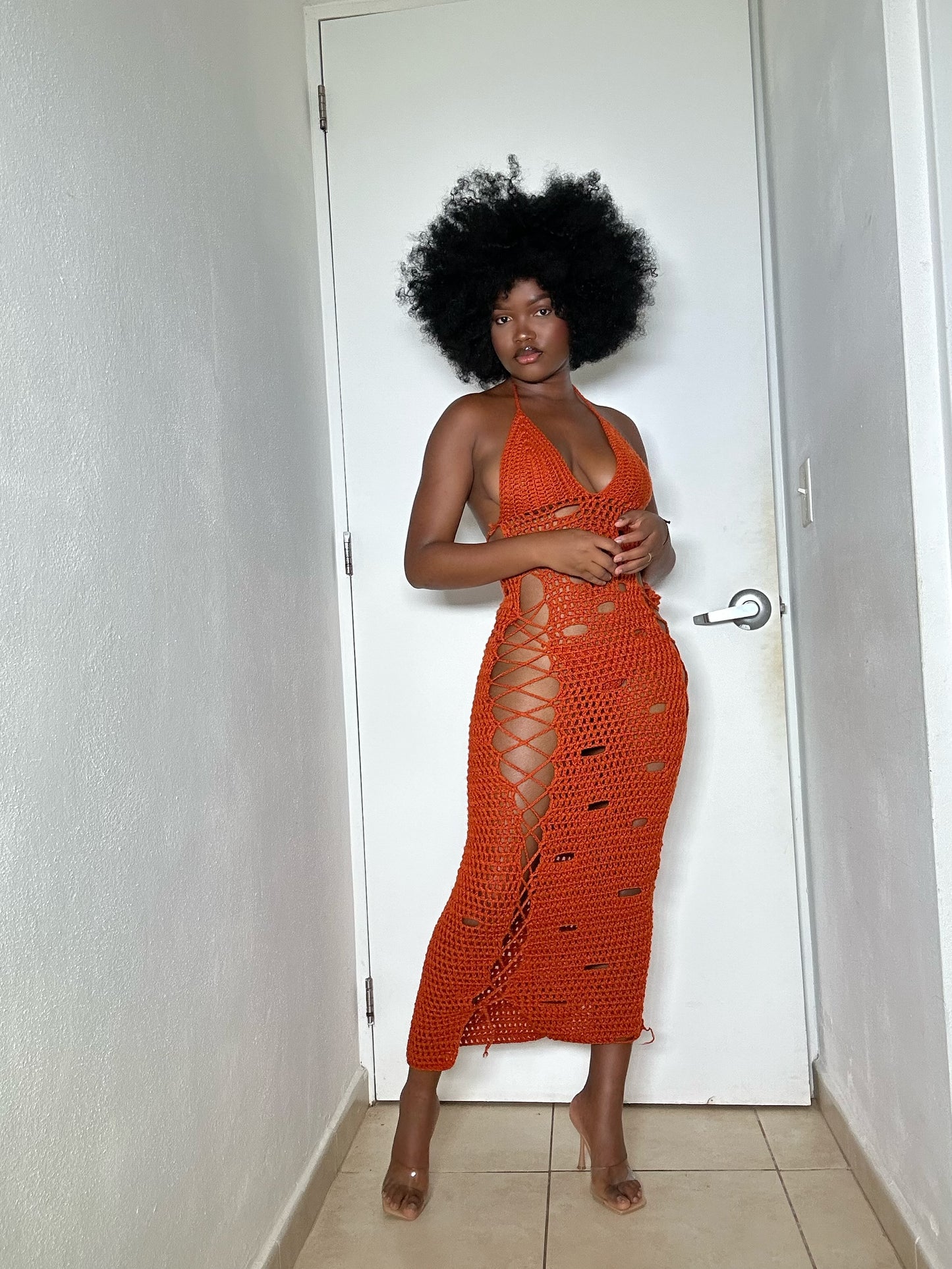 CORAL CUT CROCHET MAXI DRESS